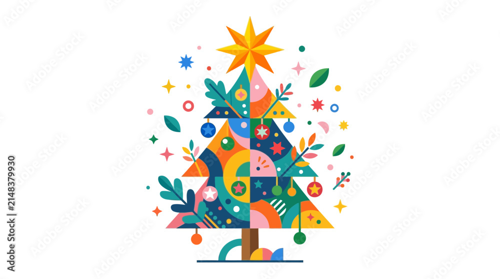 Fototapeta premium Christmas tree adorned with abstract foliage and multi-colored ornaments radiates a festive and cheerful energy.