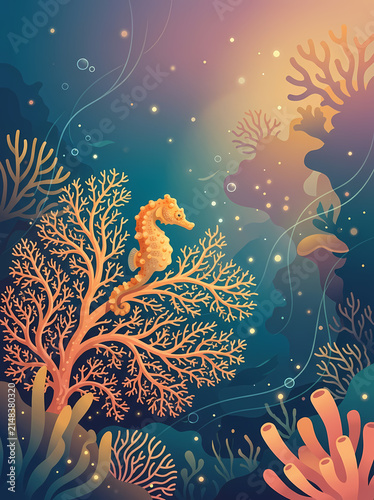 Stylized Pygmy Seahorse Illustration on Coral Reef in Deep Blue Sea