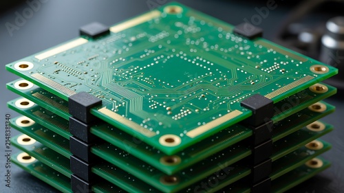 Stack of green computer circuit boards on dark surface
