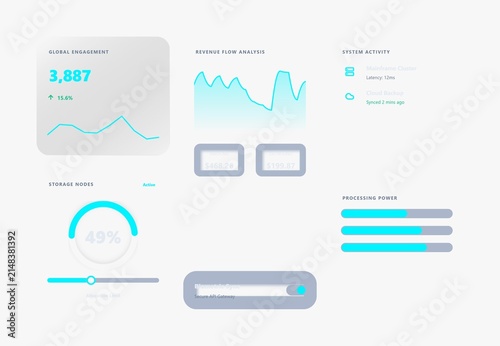 Bright ui dashboard with cyan and white presenting data analytics, charts, graphs, and progress indicators for system monitoring and business performance tracking, web