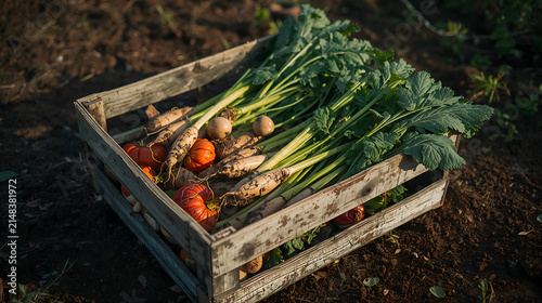 Weathered wooden crate of harvested vegetables evoking honest documentary mood and credible agricultural atmosphere generative AI