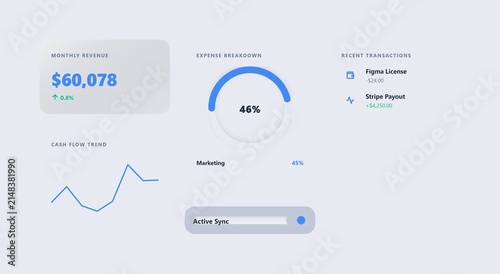 Modern financial dashboard with monthly revenue, expense breakdown percentage, cash flow trend graph, and recent transactions on a light, clean ui