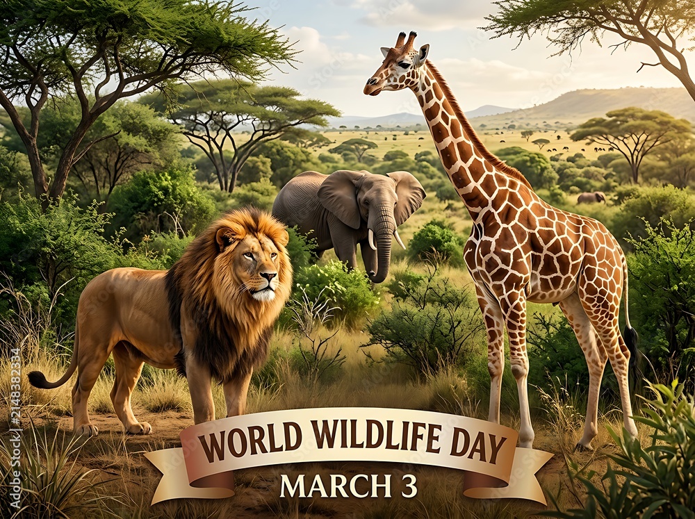 Fototapeta premium Majestic lion giraffe and elephant together in the wild celebrating world wildlife day in savanna landscape