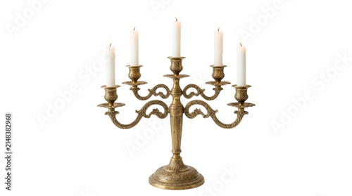Antique brass candelabra with lit white wax candles on a transparent background PNG image