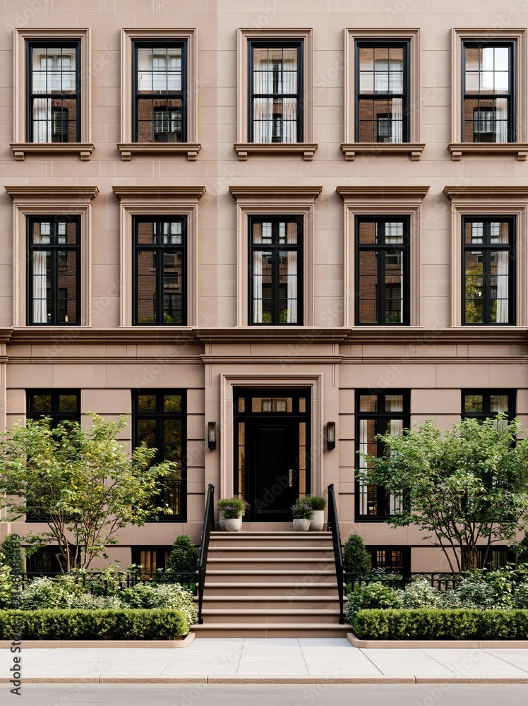 Naklejka premium Brownstone apartment facade with black windows and front stoop