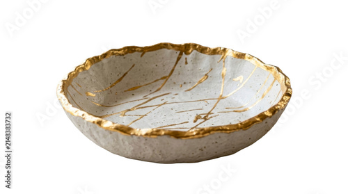 Handcrafted ceramic bowl with gold leaf rim and painted lines on a transparent background PNG image