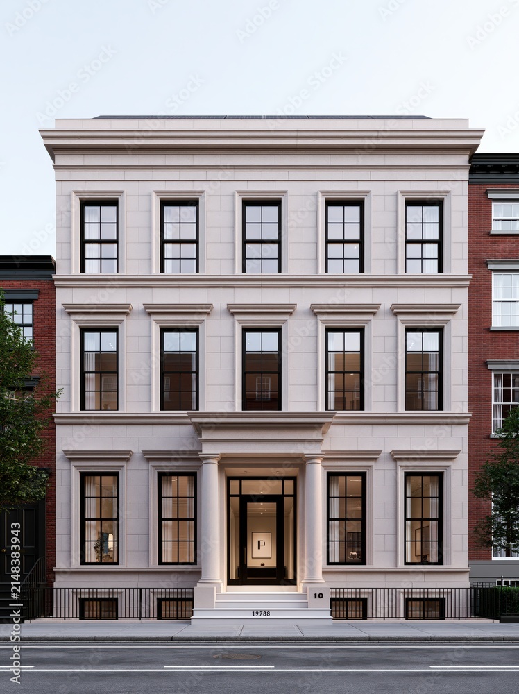 Naklejka premium White townhouse facade with columns and black framed windows