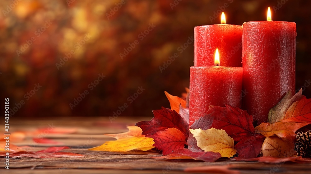 Obraz premium Moody Autumn Theme With Glowing Red Candles And Fallen Deciduous Multicolor Vibrant Maple Leaves