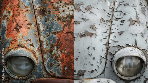 A clean split-screen comparison photo showing the before and after effects of fiber laser paint removal on a vintage automotive metal body panel. Generative AI.