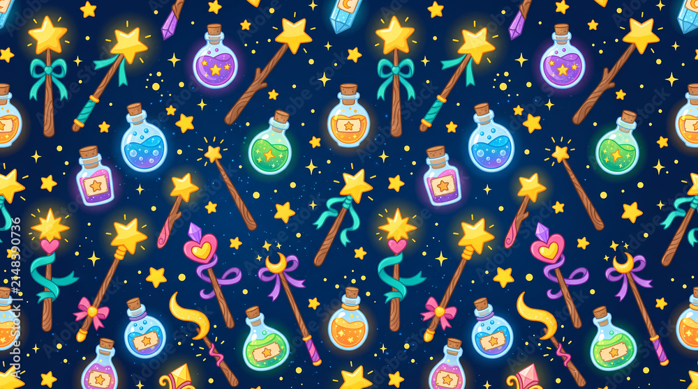 Seamless pattern of cute magic wands glowing potions and stars on dark blue
