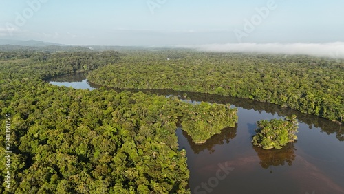 Canvas Print Aerial view of a bend in the La Comté River surrounded by tropical rainforest in French Guiana