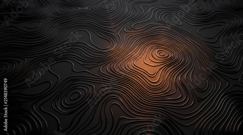 Dark abstract 3D topographic map background with warm orange highlight