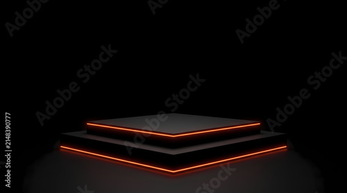Sleek black geometric square podium with glowing orange neon edges