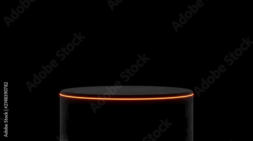 Sleek black cylinder podium with glowing orange neon top edge