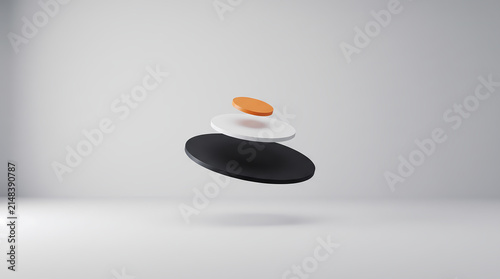 Minimalist floating geometric discs podium in orange white and black on white background