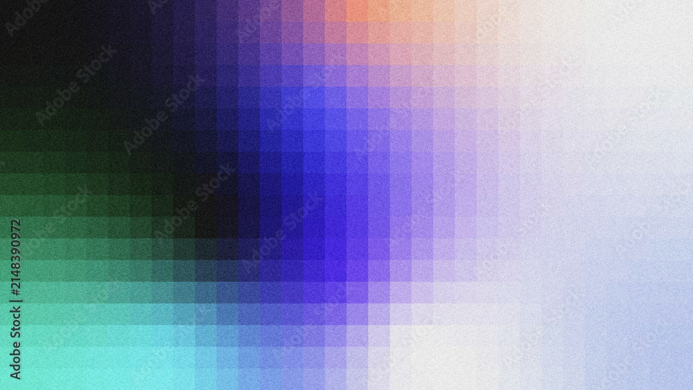 Obraz premium Abstract textured background with grainy noise effect and translucent grid layers. Smooth color gradient transitions from dark black‑green, teal, deep blue‑purple to peach and pale white.