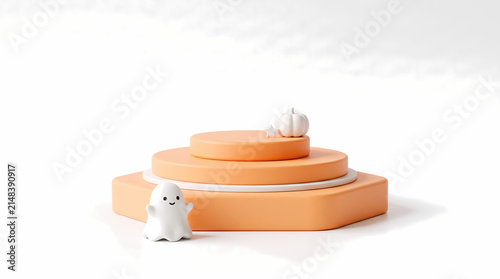 Cute pastel orange tiered round podium with tiny white ghost and pumpkin figurines
