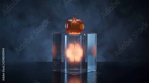 Transparent glass cube podium with glowing orange center and glass pumpkin in dark moody studio