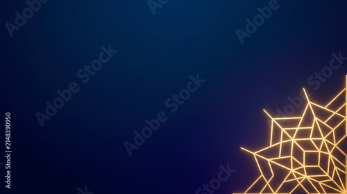 Dark blue background with glowing golden geometric spider web in the bottom right corner