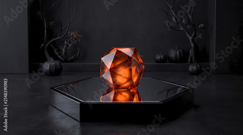 Glowing orange geometric glass prism resting on black hexagon podium in dark studio
