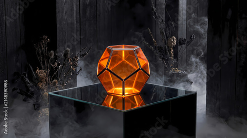 Glowing orange geometric glass prism resting on mirrored cube podium in dark studio