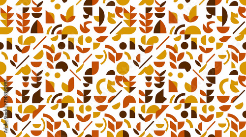 Seamless pattern mid-century modern geometric autumn abstract shapes and leaves