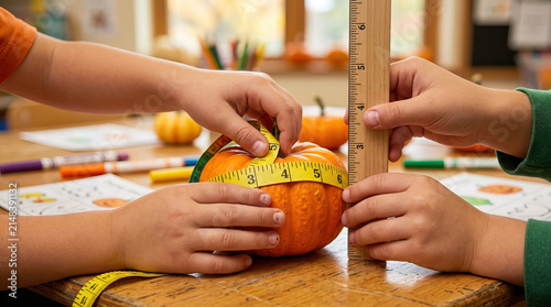 Children measuring pumpkin ruler tape halloween classroom craft hand education