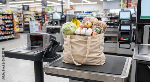 Reusable shopping bag packed with lettuce, apples and packaged groceries on a self checkout platform between two payment stations