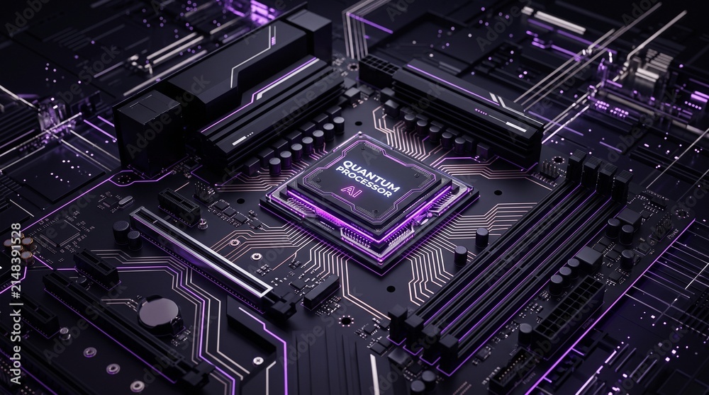 Fototapeta premium Conceptual 3D illustration of a quantum computing core integrated into an advanced AI motherboard, showing multi‑layer circuits