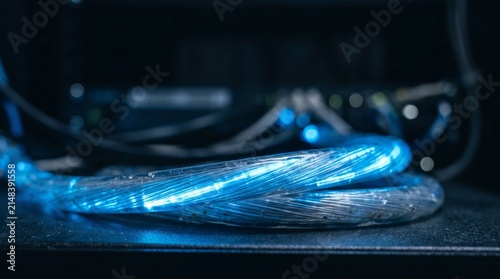 Glowing blue fiber optic cables coiled tightly with vibrant light reflecting on a dark textured surface