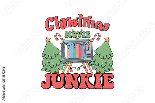 Bild auf Leinwand Christmas movie junkie retro vintage typography with old television set and pine