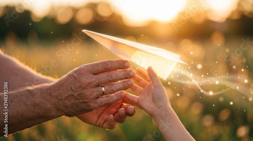 Hands of an elderly person and a child holding a glowing white paper airplane together softly