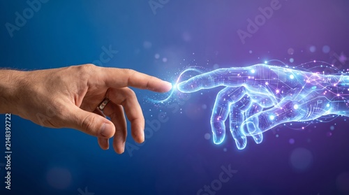 Human hand reaching to touch glowing digital robotic hand in a bright abstract technological connection