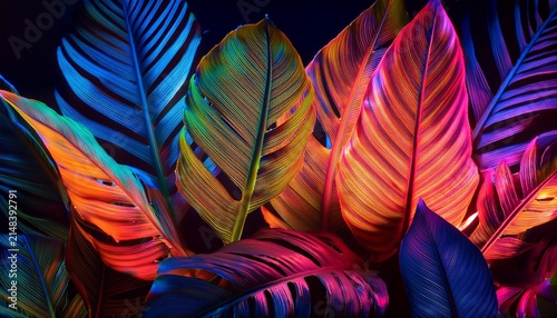 Colorful Tropical Leaves Illuminated With Striking Neon Hues
