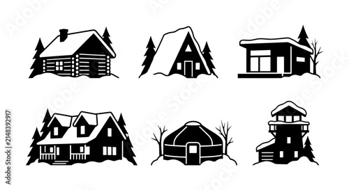 Winter Cabin Icons, Snow-Covered Houses, Rustic Architecture Set, Vector Graphics