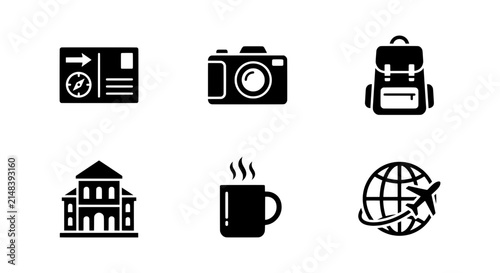 Travel Icons Set: Compass Postcard, Camera, Backpack, Building, Hot Drink, Globe