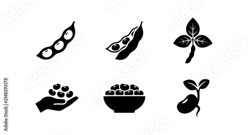 Soybean Icons, Edamame Pods, Seedling Vector Graphics, Agriculture Icons, Food Icons, Plant Icons