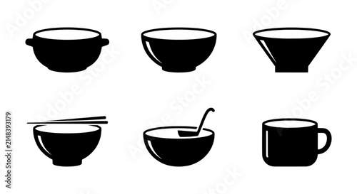 Set of 6 Black Bowls and Mug Icons, Asian Food Service, Simple Vector Graphics