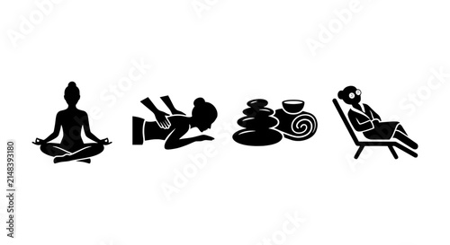 Wellness Icons Set: Yoga, Massage, Spa Stones, Relaxation, Health, Serenity, Vector Graphics