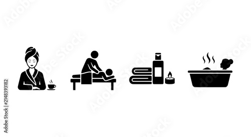 Spa Icons Set: Relaxation, Massage, Bath, Wellness, Beauty, Self-Care, Health, Vector Graphics