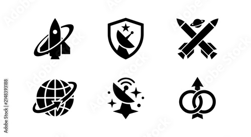 Space Exploration Icons, Rocket Launch, Satellite Dish, Orbiting Globe, Military Missiles, Technology Symbols