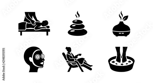 Spa and Wellness Icons: Massage, Hot Stones, Aromatherapy, Facial, Relaxation, Foot Bath
