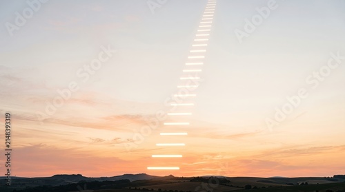 Glowing ethereal staircase stretching toward the infinite heavens during a vibrant golden hour sunset sky display