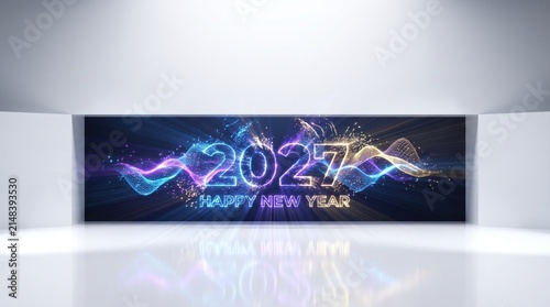 Neon 2027 new year sign glows on a wall in a minimalist white gallery space.
