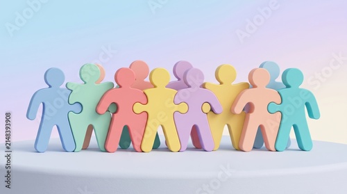 Vibrant pastel puzzle people figures connected together in harmony representing unity teamwork and social inclusion concepts