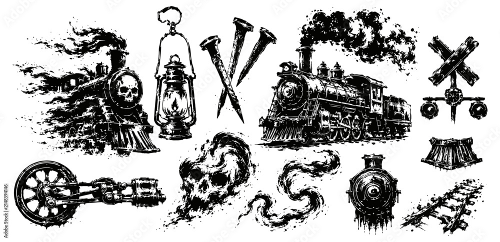 Fototapeta premium vintage steam train elements and railroad icons in black ink collection