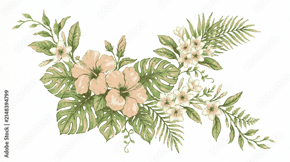Fototapeta premium Tropical botanical floral arrangement featuring hibiscus flowers and monstera leaves in a soft pastel vector illustration with composition