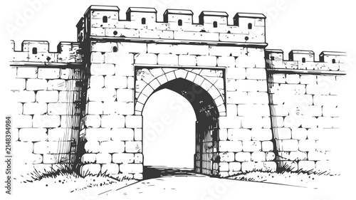 Ancient stone fortress gate with arched entrance and battlements, medieval castle wall drawing