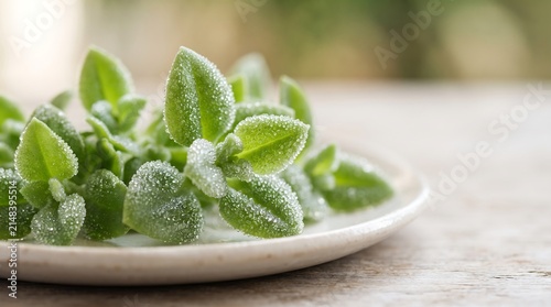 Dew drops on green succulent leaves on white plate, close up macro shot.