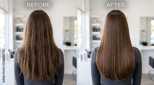 Woman showing hair before and after straightening treatment with smooth healthy results in a professional salon setting